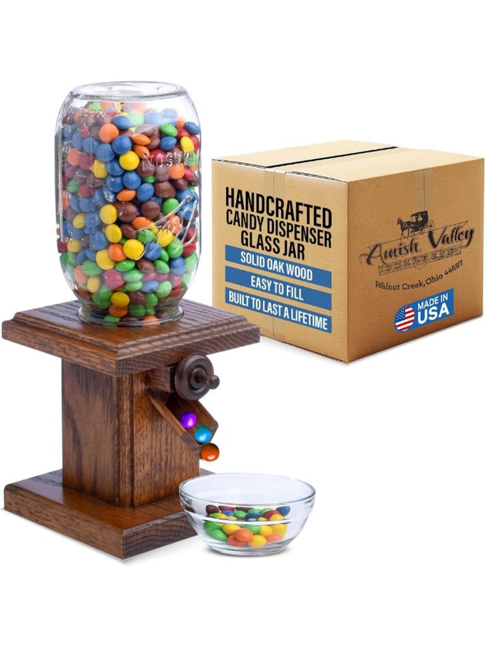 Handcrafted Wooden Candy Dispenser with Glass Jar - Solid Oak for M&M's